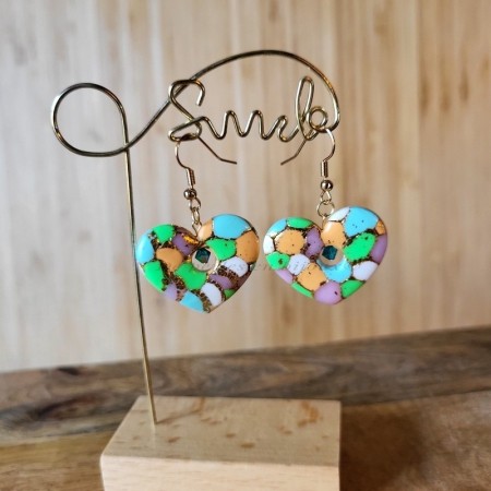 Boucles d’oreilles Arlequin cœur pendants – Bijou artisanal unique