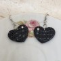 Boucles d’oreilles cœur noir en pâte polymère avec strass argenté – création artisanale
