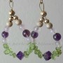 Printemps, boucles d'oreilles plaqué or, péridot, améthyste et quartz rose